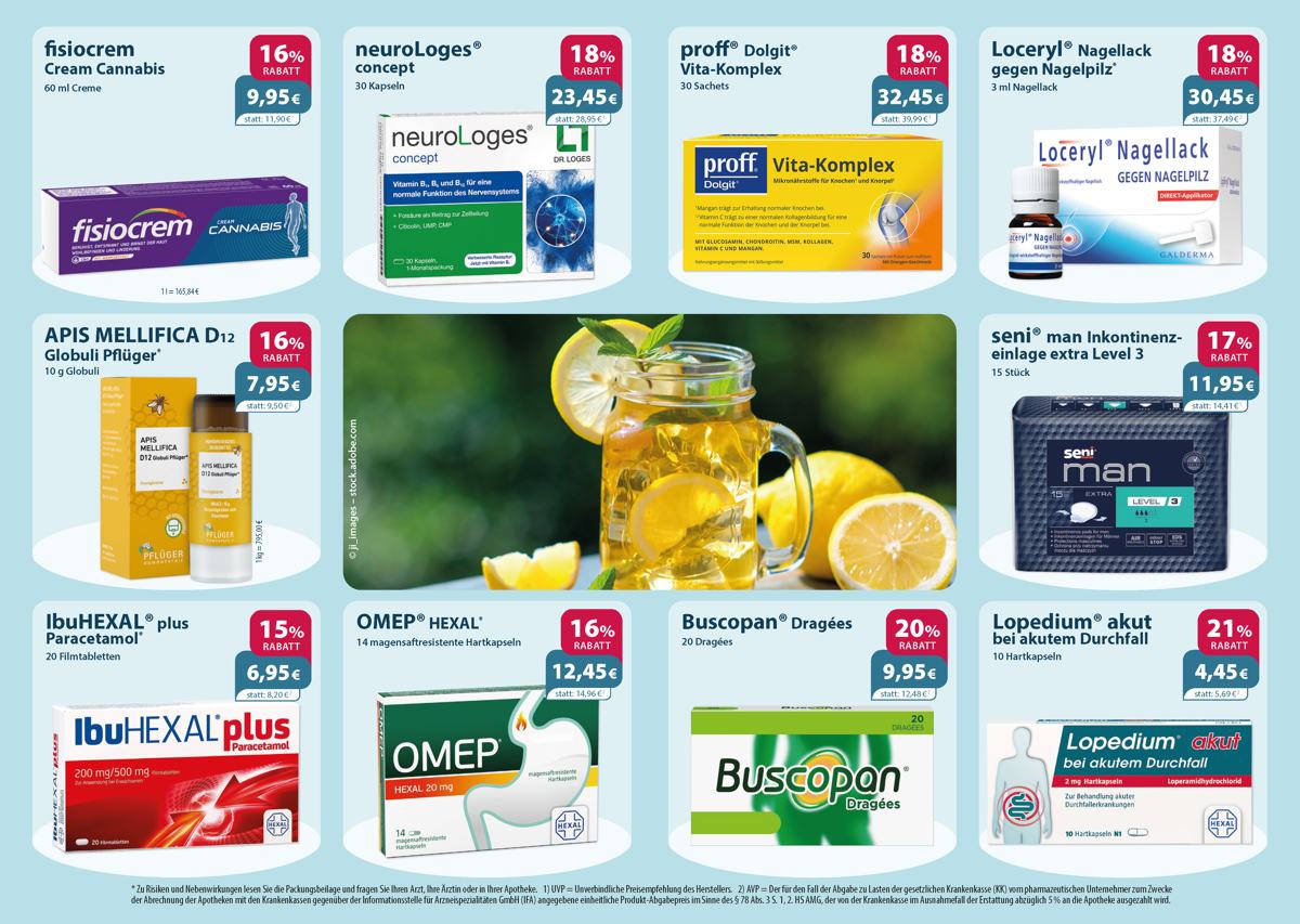 Aktuelle Monatsangebote Ihrer Apotheke Monatlicher Angebotsflyer der Apotheke mit Informationen zu Öffnungszeiten, Leistungen, Aktionen und wechselnden Produkten aus Gesundheit und Pflege.